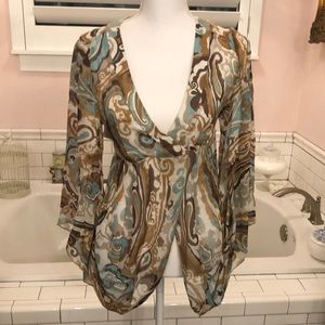 Trina Turk Concourse Wrap butterfly sleeved blouse brown, ivory turquoise size M